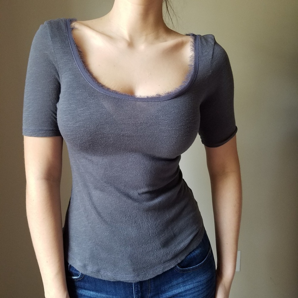 Grey 1/2 Sleeve Top with Sheer Fuzzy Trim